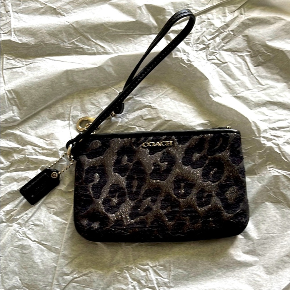 Coach Black & Silver Leopard Print Wristlet New